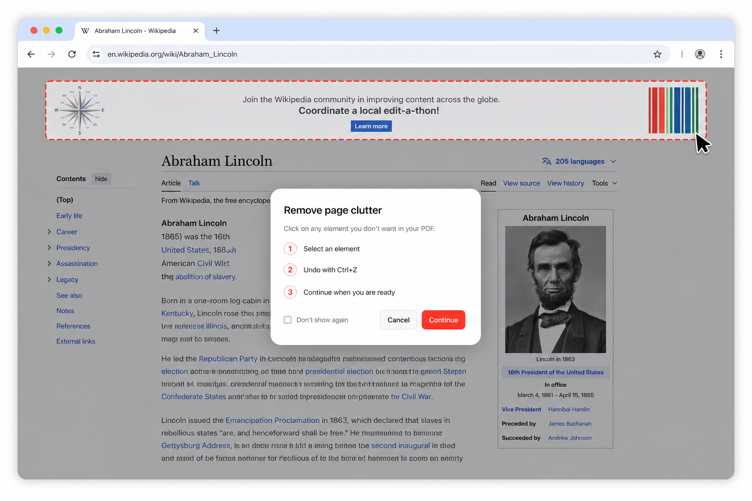 Web page to PDF converter — Remove Elements mode highlighting a sidebar before export