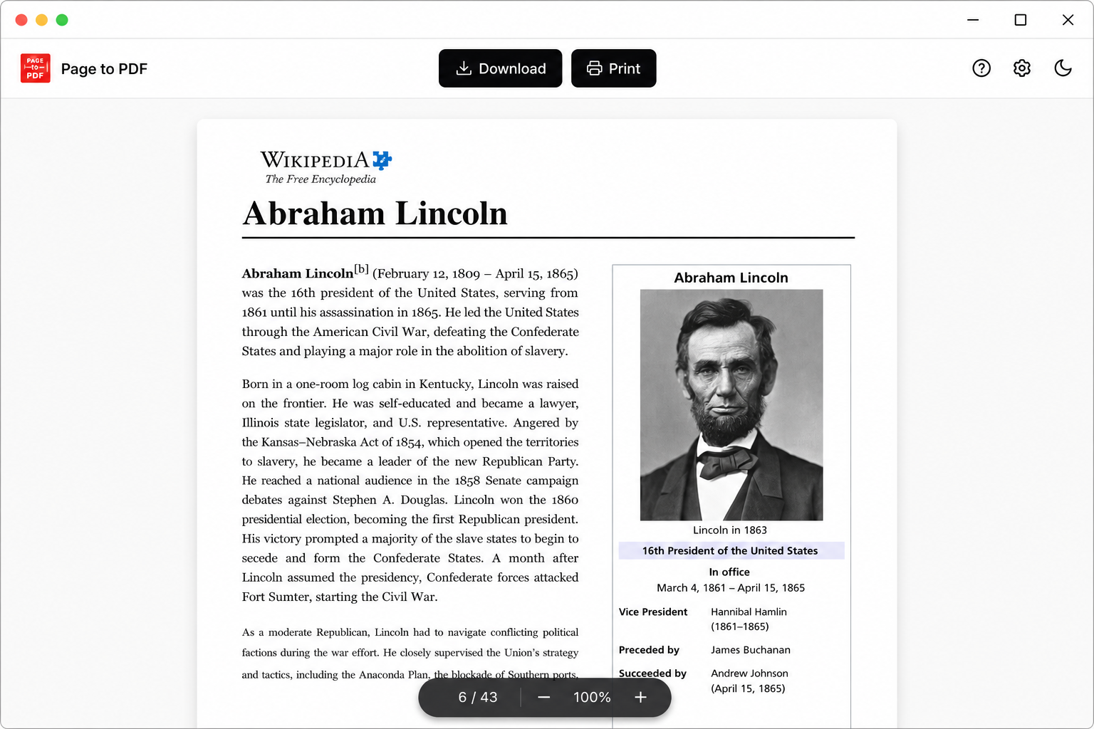 Built-in viewer for the web page to PDF converter — zoom, page navigation and download